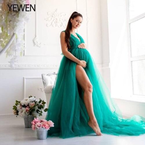 Emerald Green Elegant Tulle Evening Gown Empire Waist Boho Maternity Photoshoot Dress Formal Pregnancy Dress YEWEN