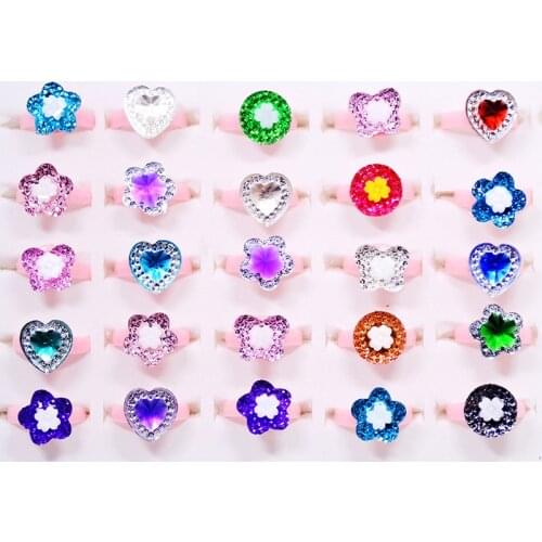 20pcs Kids Imitation crystal Rings Shiny heart Flower Butterfly shape Fashion Jewelry Accessories Girl Child Finger Rings Gift