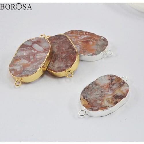 Gold Silver Plated Mexican Crazy Lace Agates Connector for Bracelet Oval Natural Stone Double Charms for Necklace Making G1994