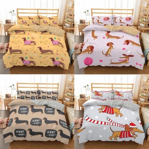 Cute Dachshund Sausage Bedding Set Cartoon Dog Kids Duvet Cover Set Pet Printed Bedspread 2/3pcs Queen King Size Bedclothes