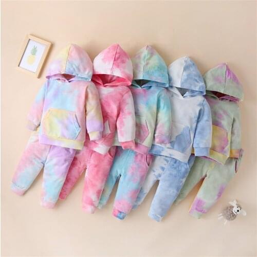 2Pcs Infant Kid Baby Girl Boy Fashionable Tie-dye Casual Suit, Long Sleeve Hoodie with Big Pocket, Loose Trousers, Daily Life