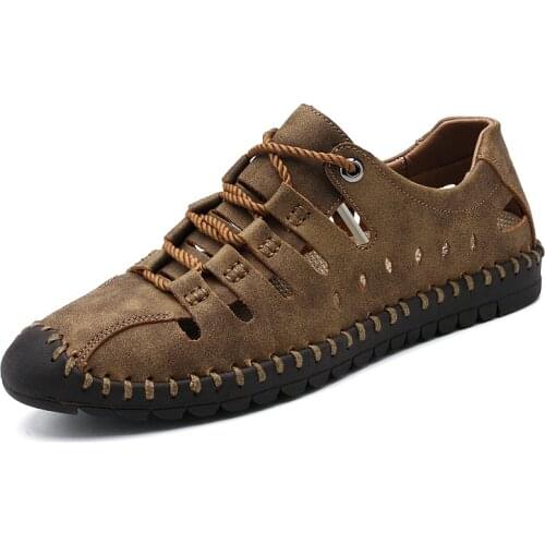 Large Size Mens Shoes Leather Moccasin Shoes Hollow Breathable Casual Shoes Sandals Handmade High-end Leather Shoes