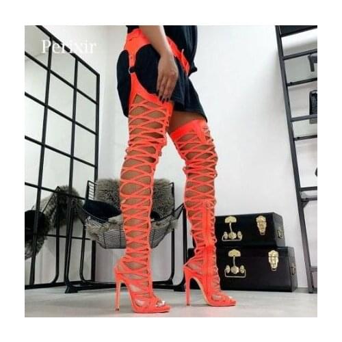 Orange Yellow Pink Black Python Cuts Out Gladiator Over The Knee Belt Waist Boots Woman 12 cm Heels Laser Thigh Sandals Boots