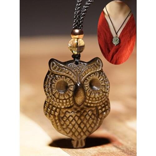 Golden Obsidian Owl Jade Necklace Pendant Hand-carved Owl Male and Female Gemstone Lucky Amulet