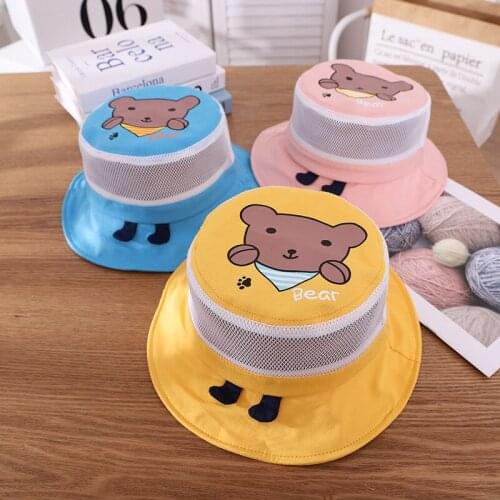 Doitbest mesh Kids Cotton Bucket Hats Summer Panama Cartoon bear Sun Cap Spring Baby Boys Girls Outdoor Beach Fisherman Hat