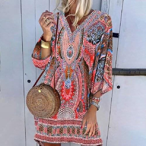 Popular Ethnic Print Woman Dress V-neck Beach Leisure Time On Vacation Long Sleeves Bohemian Dress Sukienka Damska Dress