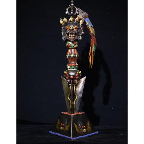 18" Tibet Buddhism Temple Tiantie Tracing mosaic gem 3-sided Hayagriva head statue Snake vajra Phurba Dagger Holder Skull base