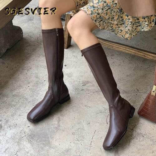 SGESVIER Concise Retro 2020 Winter Side Zipper High Womens Boots Square Toe Thick High Heels Pumps Party Casual Shoes Woman