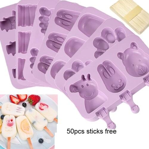 Cute Cartoon Silicone Ice Cream Mold Popsicle Mold DIY Homemade Freezer Ice Pop Maker Mould Popsicle Mold with Lid Sticks