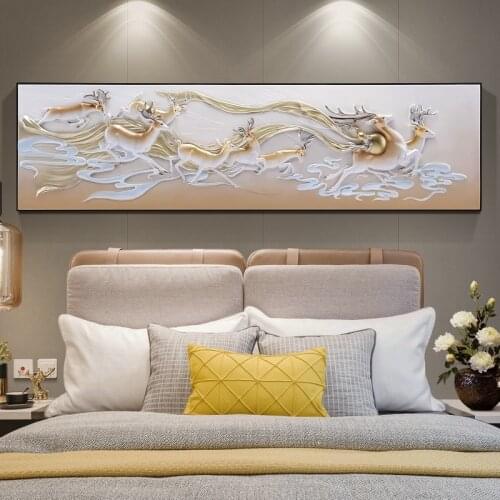 Modern Minimalist Bedroom Bedside 3d Embossed Decorative Painting Long Version of Lucky Deer Light Luxury Fulu Wall Painting
