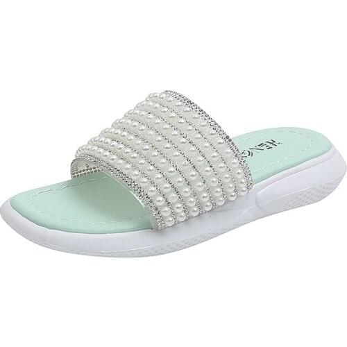 Girls One-word Slippers 2021 Summer New Girls Pearl Outer Wear Princess Slippers Little Girls Flat Non-slip Shoes Cute Casual