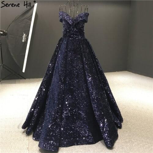 Navy Blue Sweetheart Sexy Floor Length Evening Dresses 2020 Sequins Sparkle A-Line Formal Dress Serene Hill HA2291