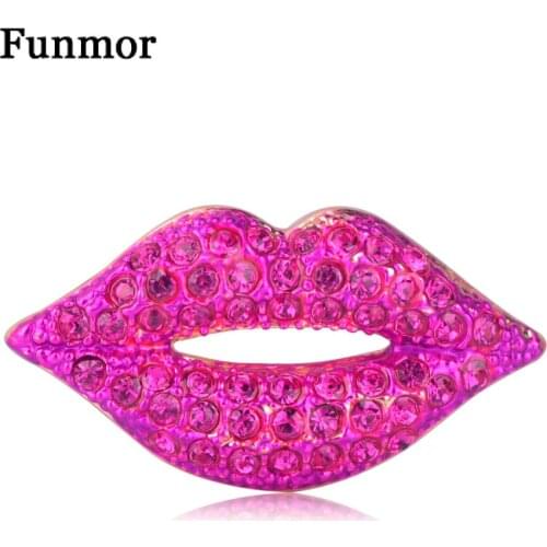 FUNMOR Fashion Full Crystal Pink Lips Shape Brooches For Women Girls Bridesmaid Wedding Dress Coat Decoration Hijab Pins Brooch