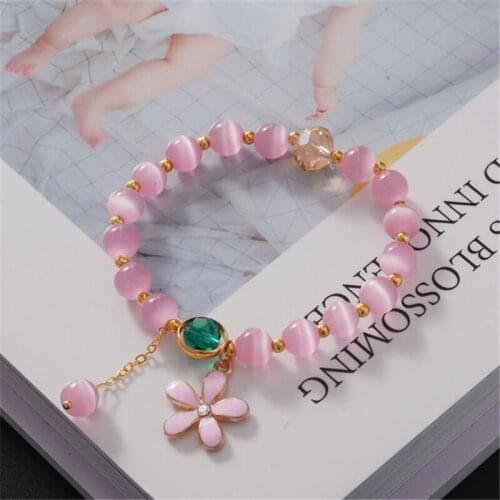2021 Smooth Cats Eye Beads Bracelet For Girls Flower Pendant Opal Bracelet Bangle for Women Charms Accessories Jewelry Gift New