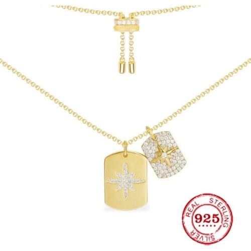 Luxury Real 925 Sterling Silver Yellow Gold Color Two Rectangles Carved Stars Pendants Adjustable Necklace Women Jewelry