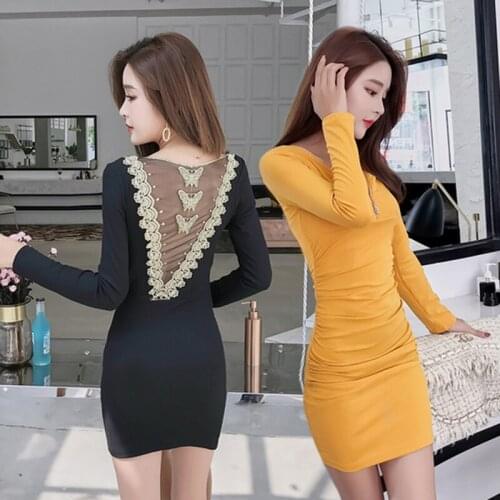 Autumn Dress 2020 Fall Women Sexy Casual Mini Dresses Ladies Lace Patchwork V Neck Chest Zipper Long Sleeve Bodycon Dress