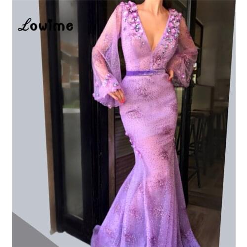 Muslim Long Sleeves Arabic V Neck Mermaid Formal Evening Party Gowns Robe De Soiree Caftan Dubai Dresses Vestidos 2018