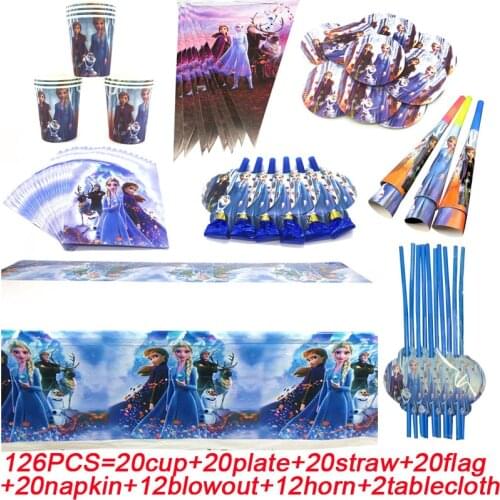 126/73 Baby Shower Birthday Party Decoration Frozen 2 Theme Party Cup/Plate/Napkins/Flags/Tablecloth Frozen 2 Party Supplies Set