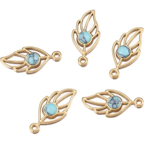 5pcs Tree Leaf Stainless Steel Turquoise Charms Natural Stone Pendant for Connection Jewelry Making DIY Findings Supplies