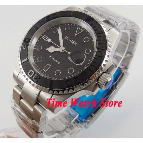 Bliger 40mm Miyota 8215 automatic mens watch black dial luminous sapphire glass brushed Ceramic bezel