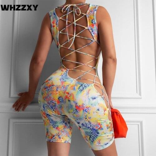 Tie Dye Printing Hollow Out Playsuits Women Bandage Sexy Backless Bodycon Rompers One Piece Party Club Biker Shorts Playsuit