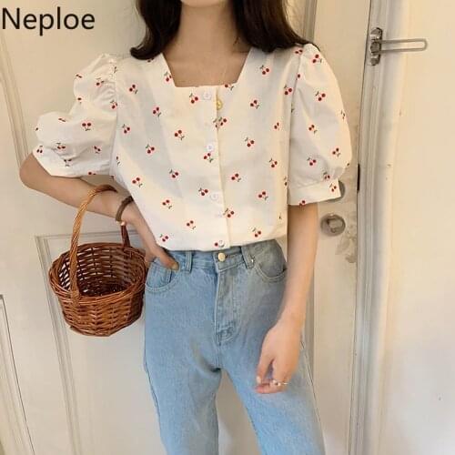 Neploe Vintage Print Cherry Women Blouses Square Collar Sweet Puff Sleeve Shirt Loose All-match Summer White Blouse Tops Female