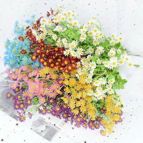 1Bunch Artificial Chamomile Bouquet With Green Leaves Colorful Fake Flower DIY Birthday Wedding Garden Home Decor Shooting Props