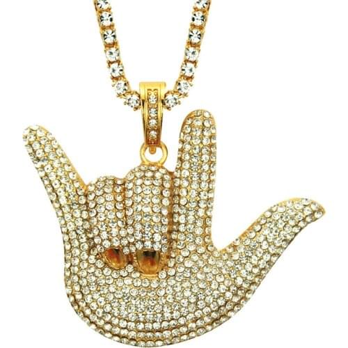 Hip Hop Rocker Jewelry Full Rhinestone Rock Gesture ILY Love & Peace Sign Hand Pendant Necklace For Men Party Gift