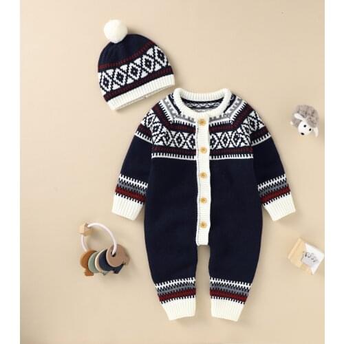 Newborn Baby Rompers Clothes Sets Fashion Autumn Winter Warm Infant Bebes Jumpsuits Hats Outfits 2pcs Toddler Kids Sweaters Suit