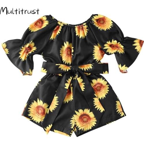 Toddler kids baby girls short flare sleeve flower print belt overalls girl rompers jumosuits children clothing sunsuits 12M-5Y