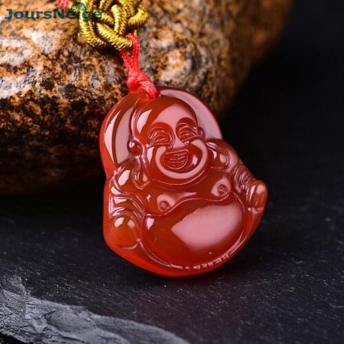 Red Chalcedony Natural Crystal Laughing Buddha Pendants Necklace Lucky for Women Men Peace Safe Buddha Jewelry JoursNeige