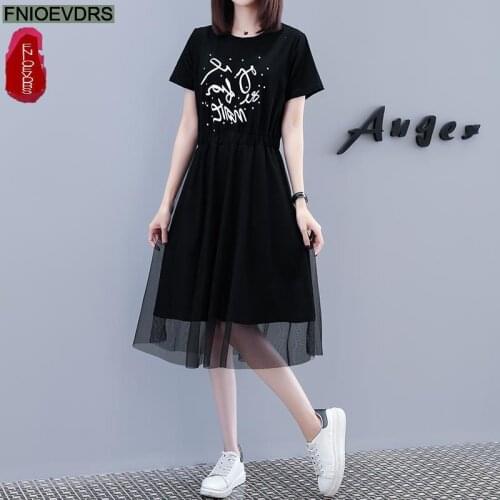 M-4XL 2021 Summer Dress Women Black Loose Casual Cartoons Printing Cute Patchwork Sheer Mesh Plus Size Dress
