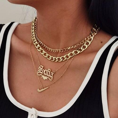 Punk Exaggerated Multilayer Thick Chain Letters Pendant Necklace Women Vintage Geometric Clavicle Necklace Colar Jewelry Gift