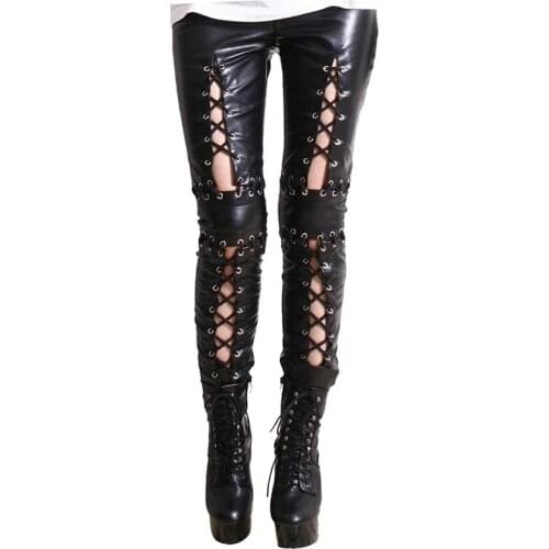 Fashion Punk Night Club Lace-up Tights Stretch Sexy Leather Footless Black Leggings Yoga Pantsfor Women