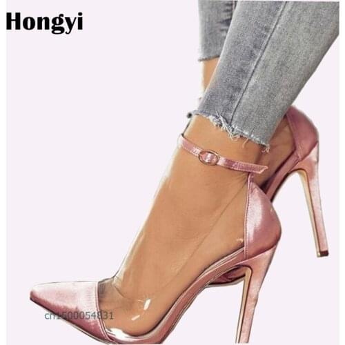 Hongyi New Transparent PVC Patchwork High Heel Shoes Sexy Pointed toe Woman Pumps Slip-on Stiletto Heels Office Lady Dress Shoes