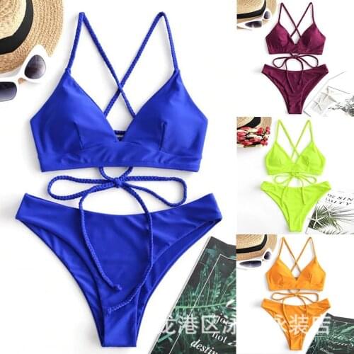 New Solid Color Sexy Strappy Tight-fitting Swimwear Ladies Split Nylon Quick-drying Bikini Set