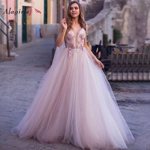 Romantic violet appliqued tulle vestidos de noiva Sexy deep v-neck backless robe Sweep train ball gown dress wedding