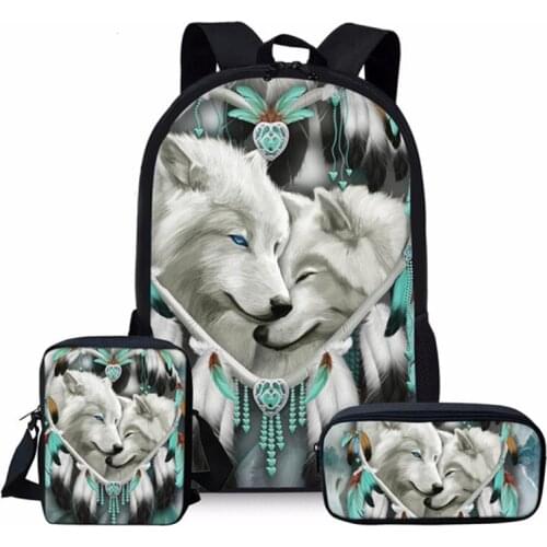 INJERSDESIGNS Wolf Lovers School Backpack for Teenager Boys Girls Children School Bag Set Kids Student Book Bags Mochila Escolar