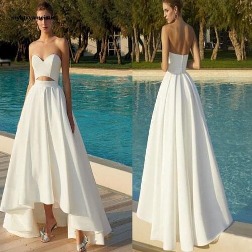 Sexy boho wedding dress white satin tube top satin beach high and low backless bridal gown sleeveless2021navel dress custom size