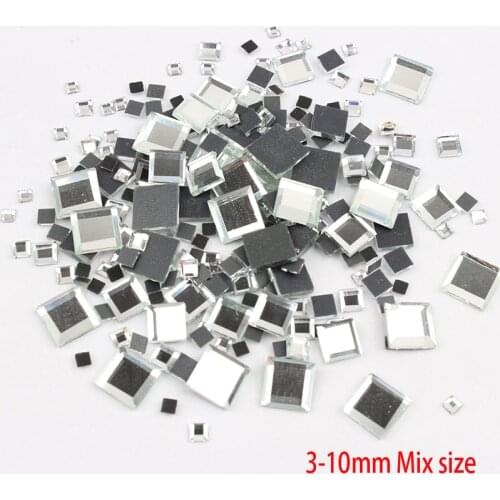 3-10mm mix size 650pcs Mirror Square Crystals Glass Hot Fix Rhinestones DMC HotFix Strass Stones for Clothes Wedding Dress