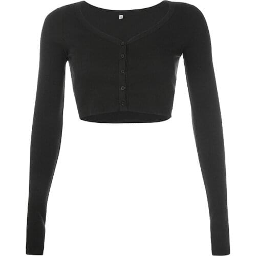 2021 Brand New Women Solid Color Basic T-shirt V-neck Long Sleeve Crop Top Buttons Short Tee Camiseta Mujer