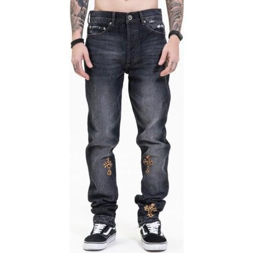 2021 Spring and Autumn High Street Fashion Brand Leopard Cross Embroidered Silver Buckle Black Casual Straight Denim Trousers