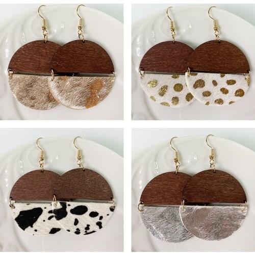 Splicing Wood Genuine Leather Earrings for Women Horse Hair Leopard Cow Color Round Pendant Dangle Earrings Texture Jewelry