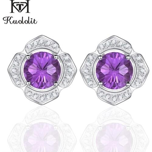 Kuololit Solid 925 Sterling Silver Stud Earrings For Women Natural Amethyst Fireworks Gemstone Earrings Purple Stone Jewelry