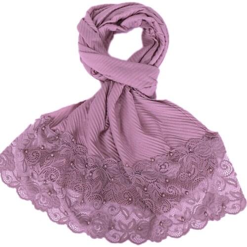 Women Jersey Cotton Scarf Hijabs Floral Lace Cotton Muslim Head Wraps Muffler Pearls Scarves 190*90cm 10pcs/Lot Wholesale