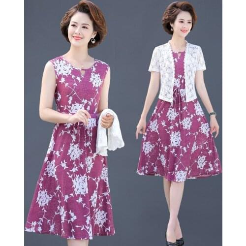 2 PCS Set Coat Dress Office Lady Women Set Lace Short sleeve Shawl jacket + Sleeveless print dress Two Piece Suit Jacket Dress