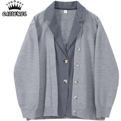 Womens Sweater Autumn Korean Fashion Splicing Design Baggy Ladies Oversized Cardigan Vintage Casual Tops Knitted Sweater Coat