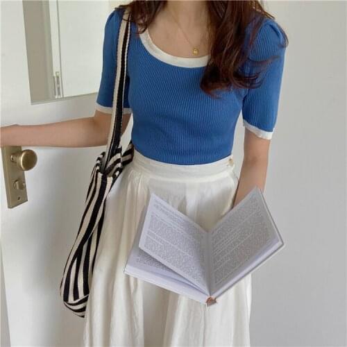 2021Women Knitting Striped Line Contrast color O neck Short Sleeve Sweater Knitwear Jumper TopsFashion womens short sleeve