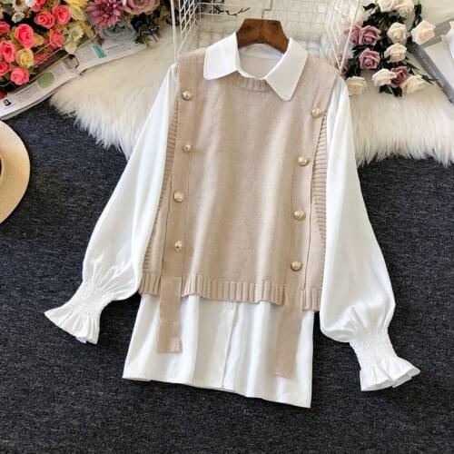 Two Piece Knitted Sweater Vest Women 2021 Plus Size Pullover Fashion Sleeveless O-Neck Korean Female Waistcoat Sweater Short