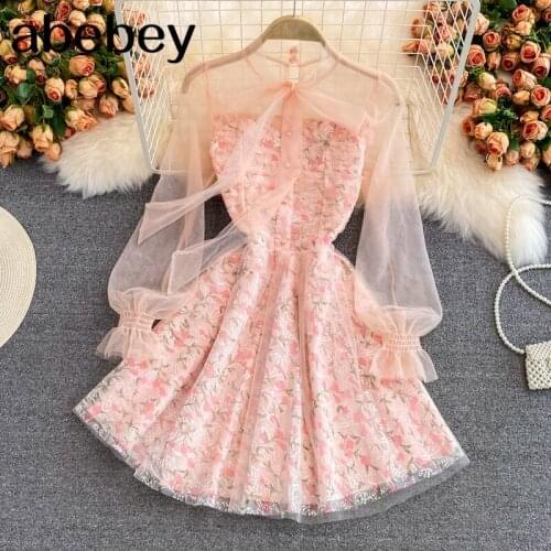 2021 New Spring Autumn Sweet stand collar Lantern Sleeve Dress Lace Up bow single breasted high waist print short mesh Dress